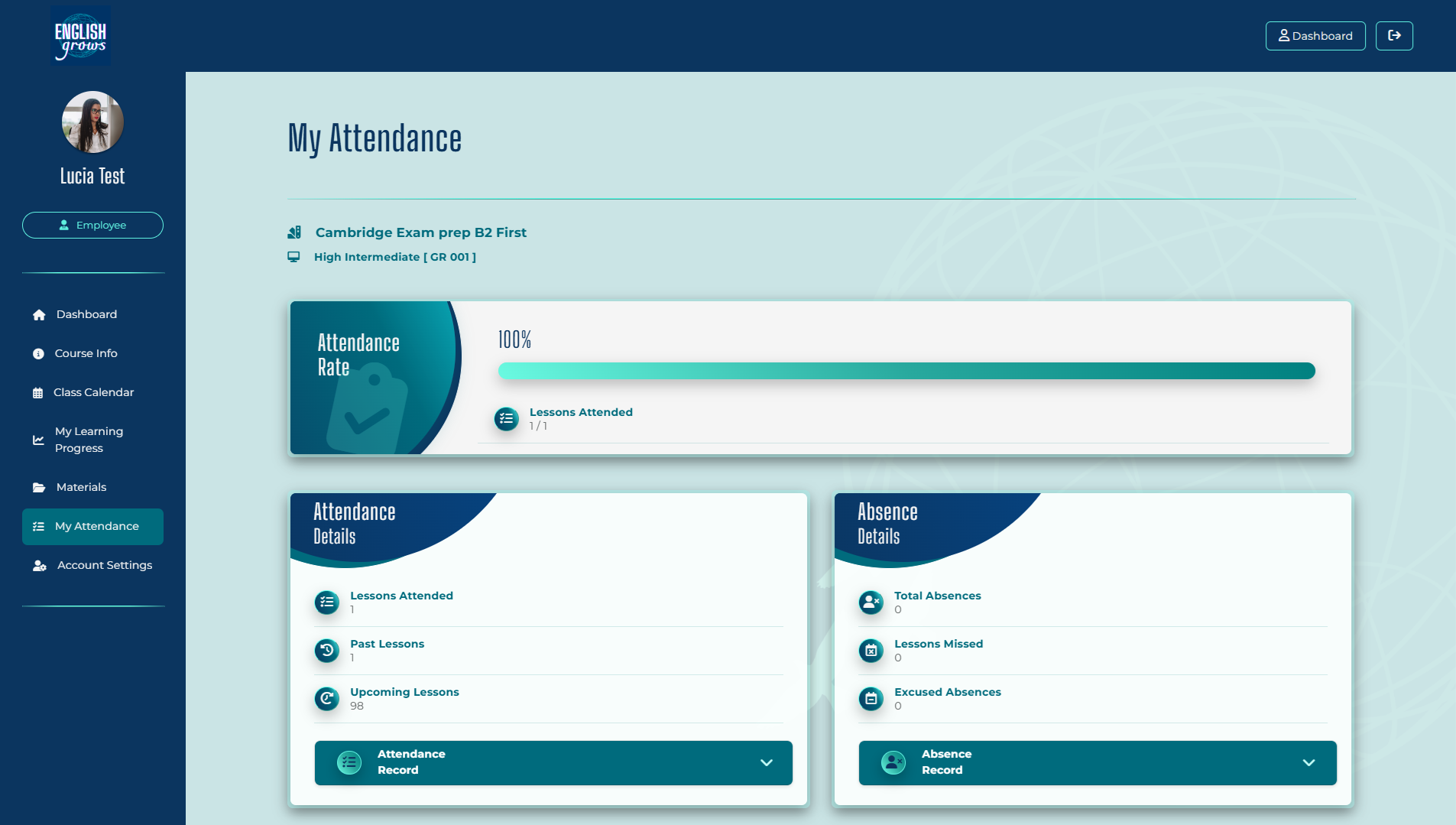 English Grows Learner profile - Attendance Records